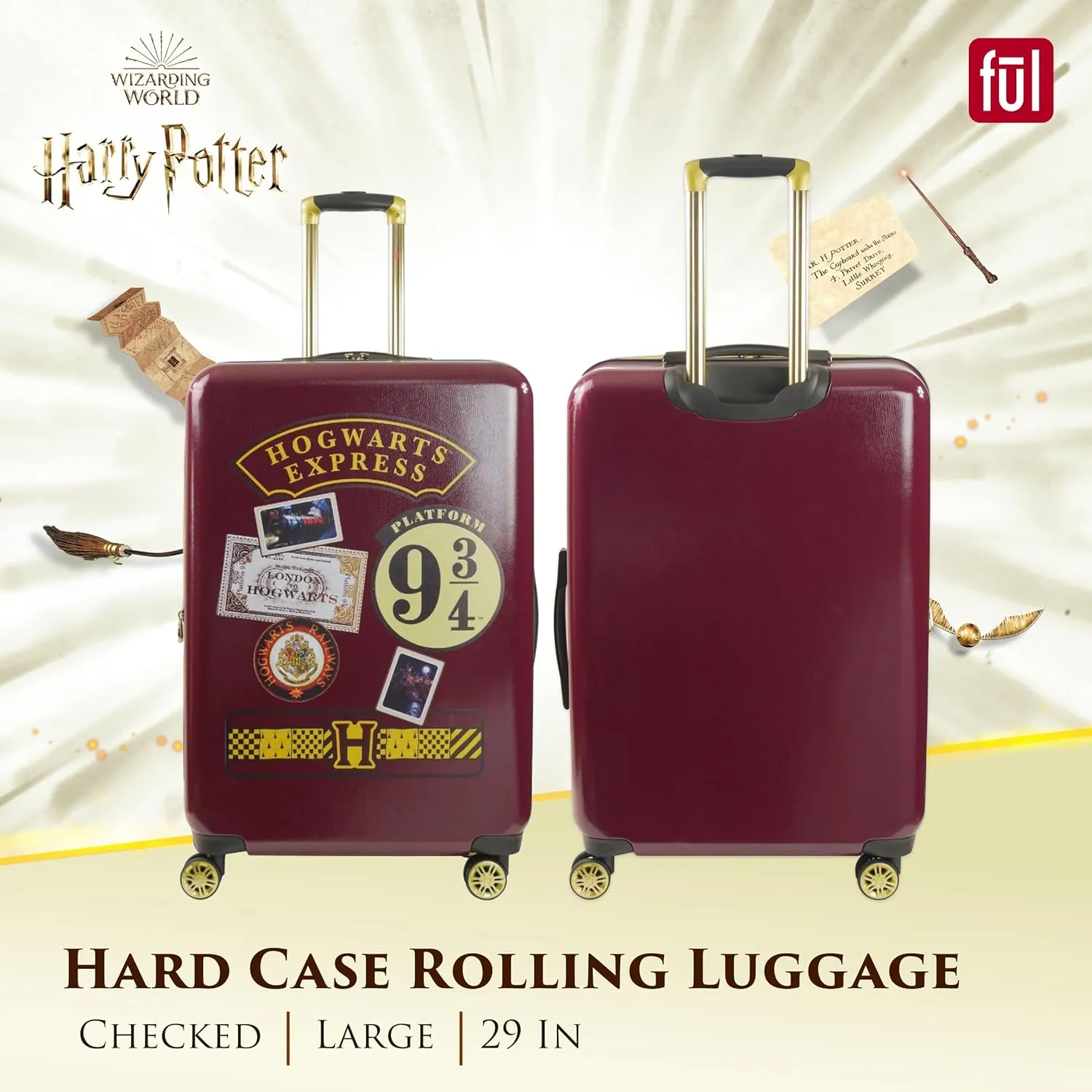 FUL Harry Potter Rolling Luggage, Hogwarts Express Hardshell Suitcase with Spinner Wheels, Burgundy, 29 Inch