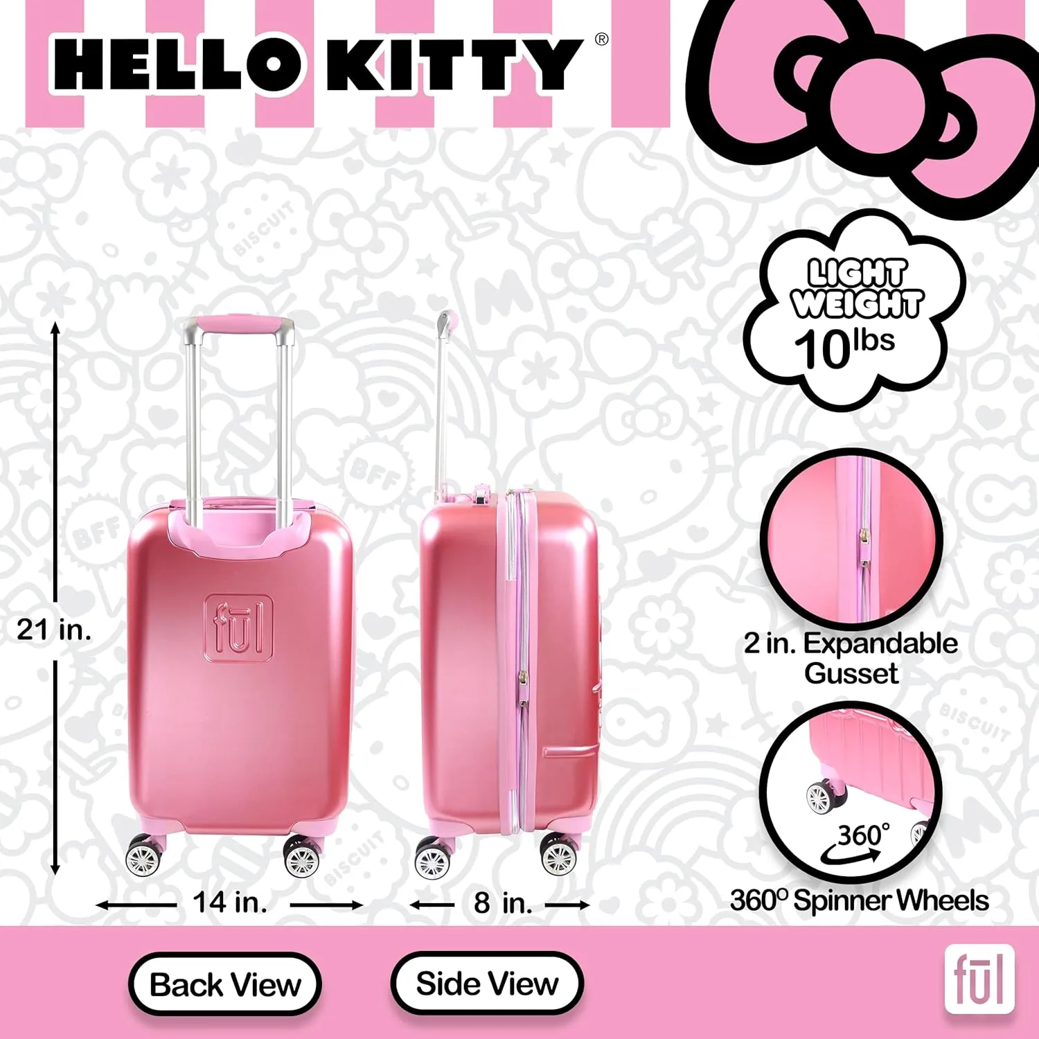 FUL Hello Kitty Carry On Luggage, Molded Hardshell Rolling Suitcase with Spinner Wheels, Pink, 21 Inch