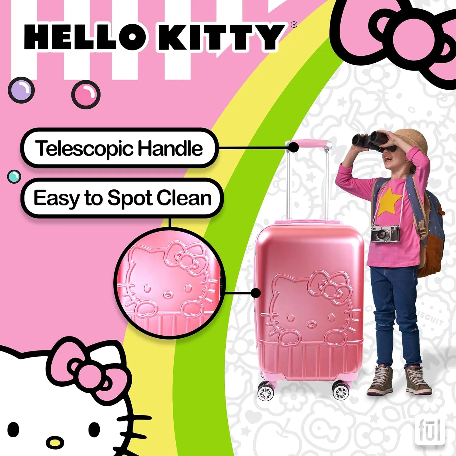 FUL Hello Kitty Carry On Luggage, Molded Hardshell Rolling Suitcase with Spinner Wheels, Pink, 21 Inch
