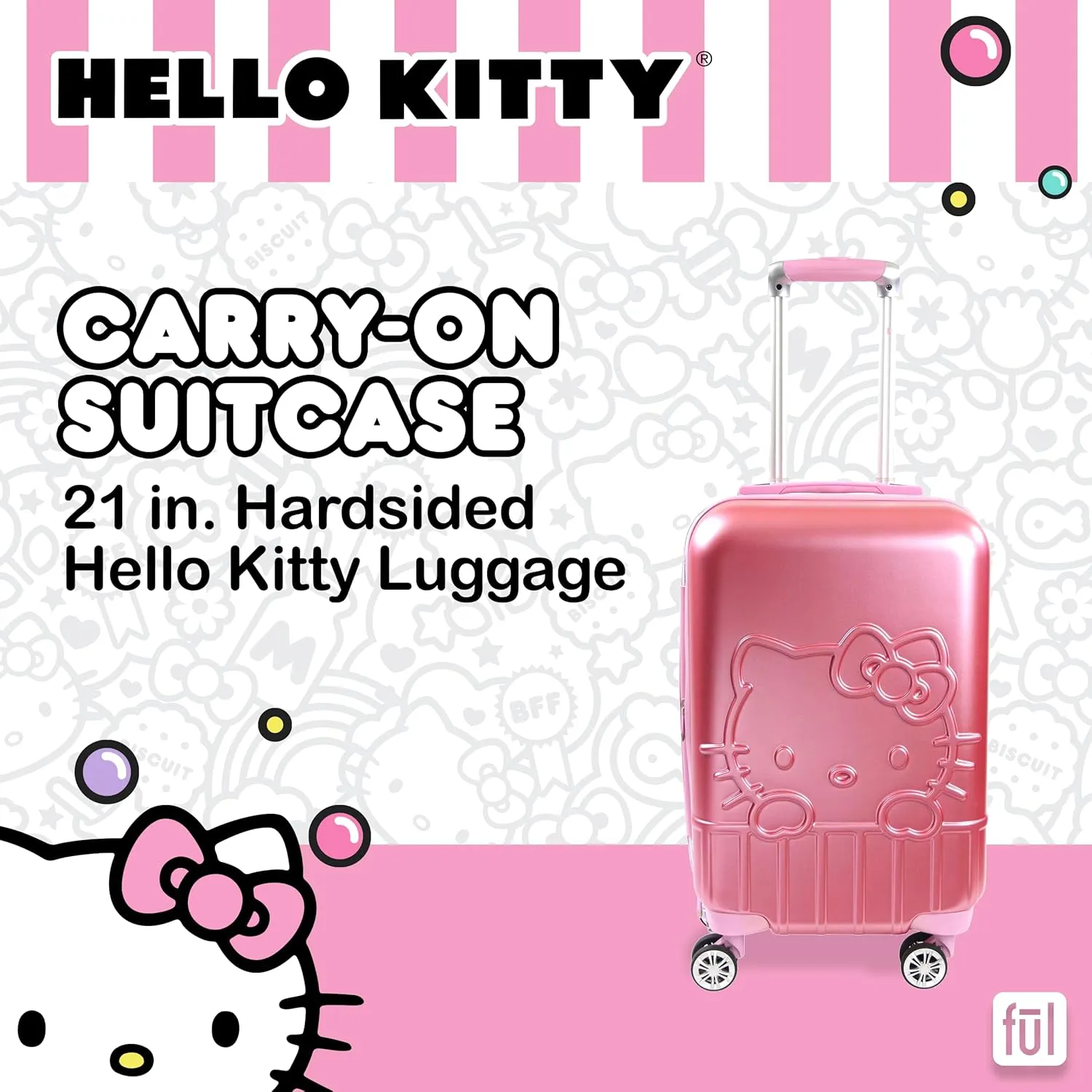 FUL Hello Kitty Carry On Luggage, Molded Hardshell Rolling Suitcase with Spinner Wheels, Pink, 21 Inch