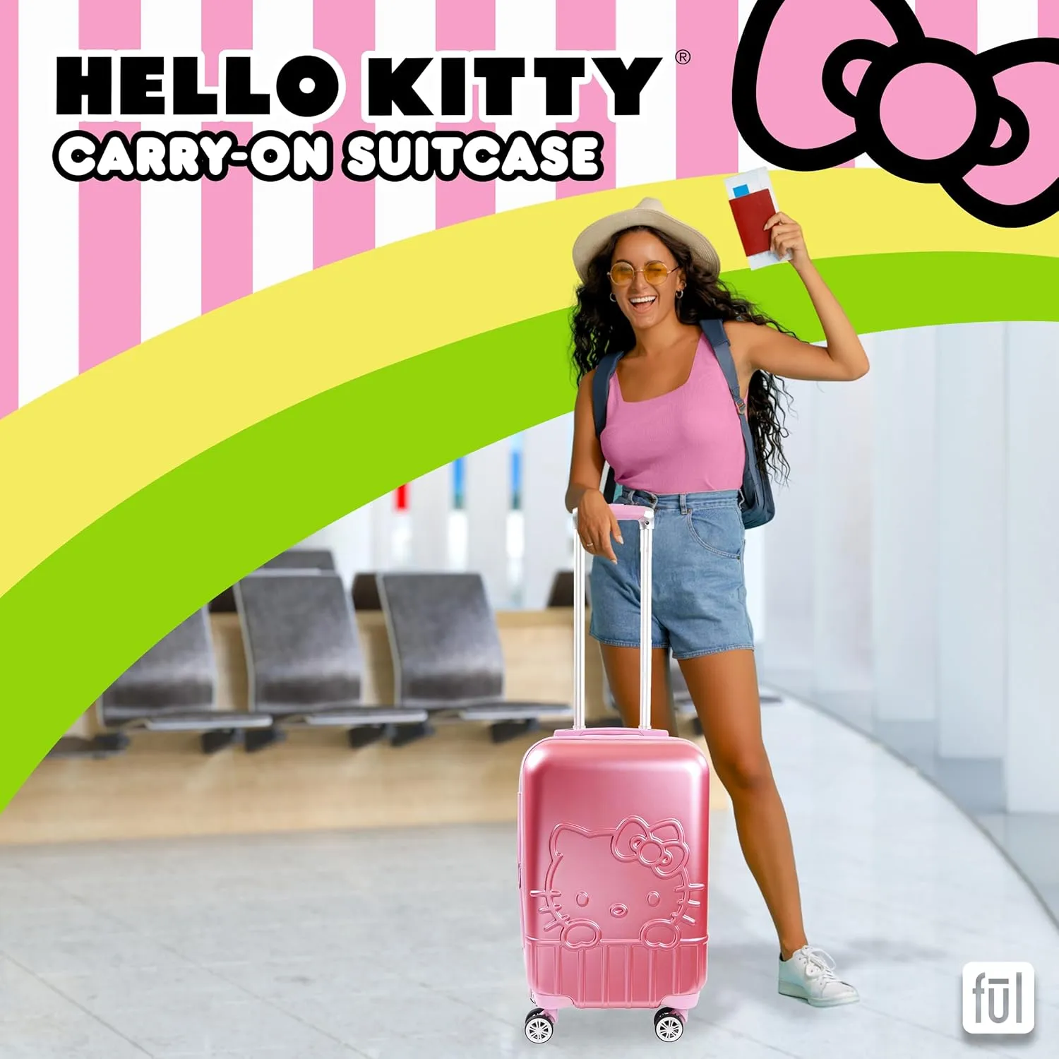 FUL Hello Kitty Carry On Luggage, Molded Hardshell Rolling Suitcase with Spinner Wheels, Pink, 21 Inch