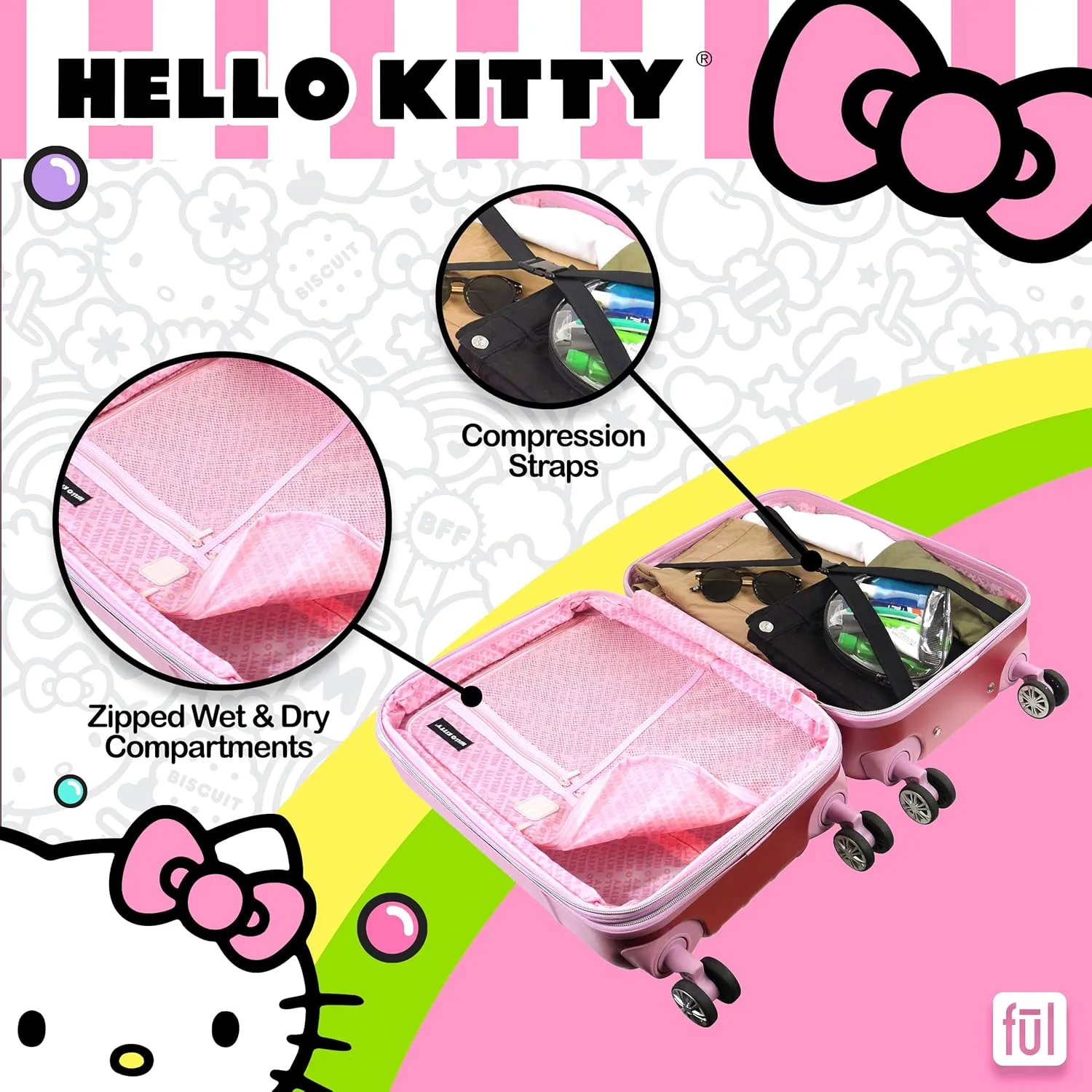 FUL Hello Kitty Carry On Luggage, Molded Hardshell Rolling Suitcase with Spinner Wheels, Pink, 21 Inch