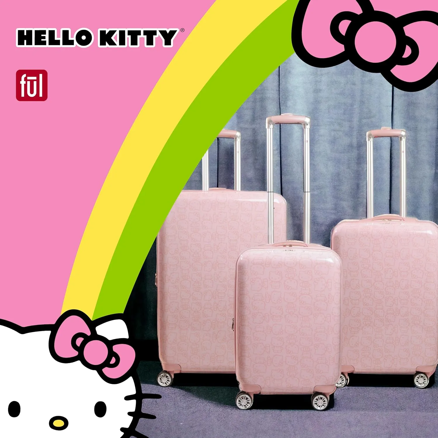 FUL Hello Kitty Carry On Luggage, Printed Hardshell Rolling Suitcase with Spinner Wheels, Pink, 21 Inch