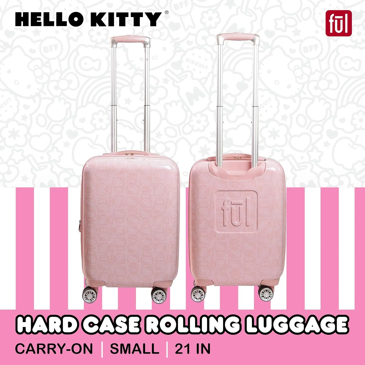 FUL Hello Kitty Carry On Luggage, Printed Hardshell Rolling Suitcase with Spinner Wheels, Pink, 21 Inch