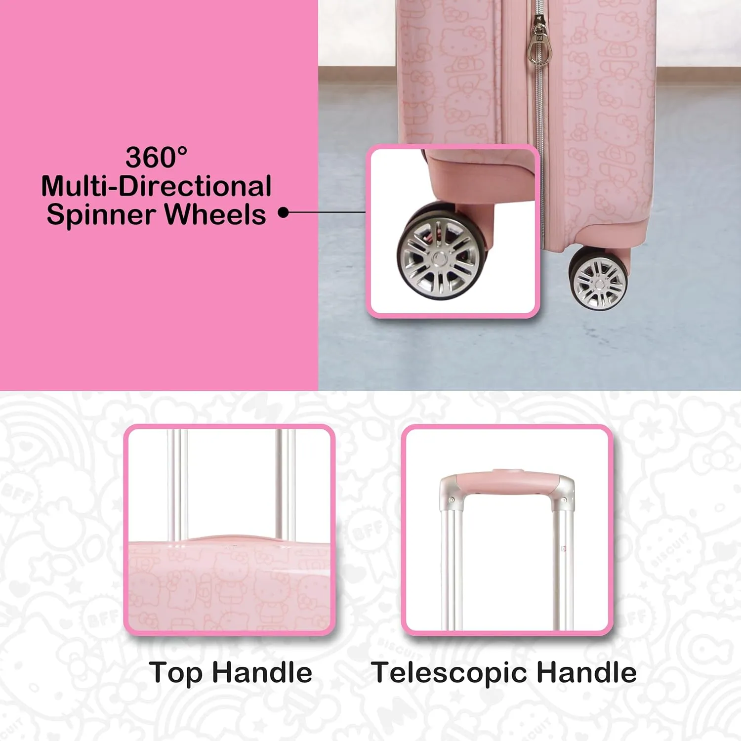 FUL Hello Kitty Carry On Luggage, Printed Hardshell Rolling Suitcase with Spinner Wheels, Pink, 21 Inch