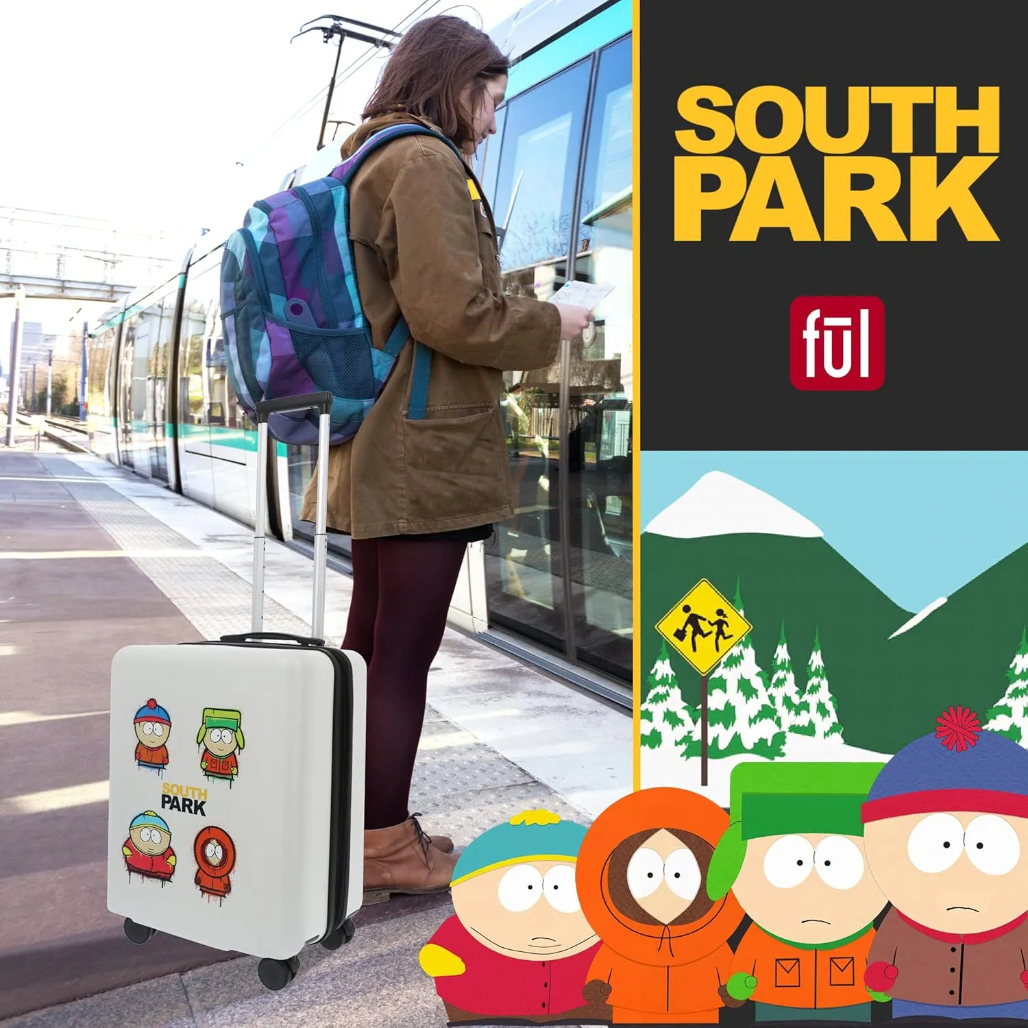 FUL South Park 22.5 Inch Carry On Luggage, Hardshell Rolling Suitcase with Spinner Wheels, White
