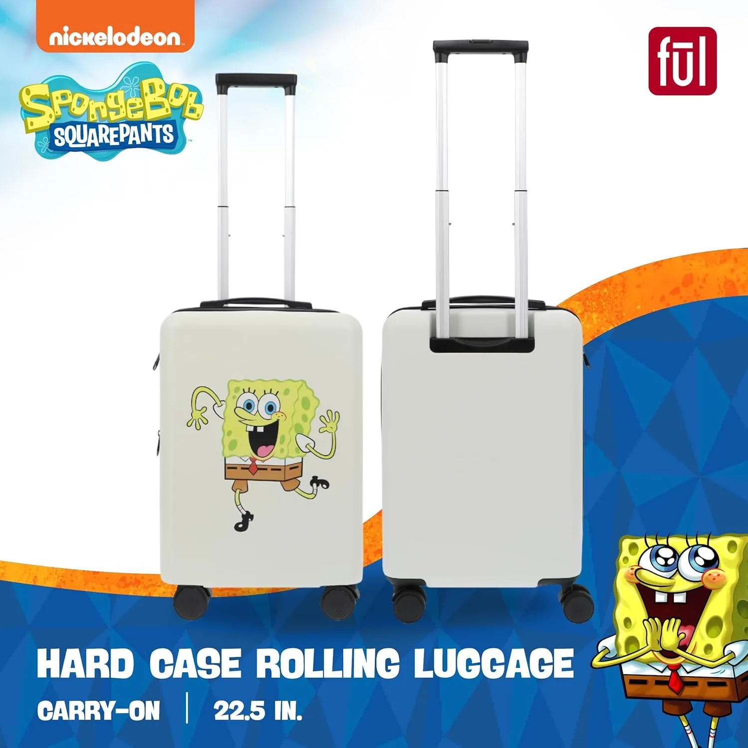 FUL Squarepants 22.5 Inch Carry On Luggage, Hardshell Rolling Suitcase with Spinner Wheels, White Spongebob