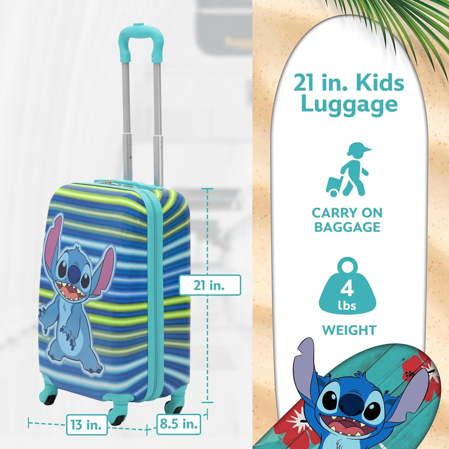 FUL Unisex Kid's Disney Stitch 21 Inch Carry On Luggage, Hardshell Rolling Suitcase with Spinner Wheels, Turquoise