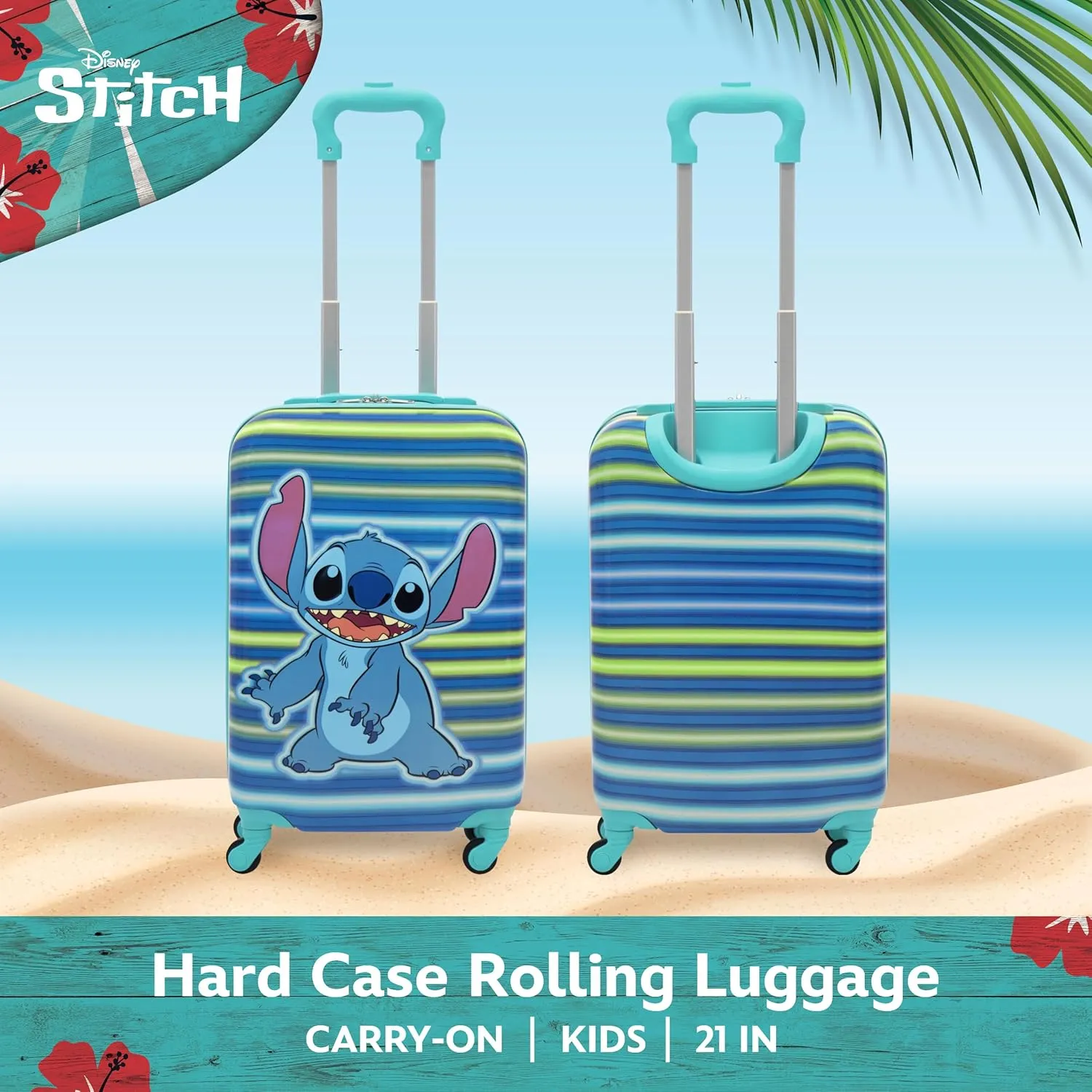 FUL Unisex Kid's Disney Stitch 21 Inch Carry On Luggage, Hardshell Rolling Suitcase with Spinner Wheels, Turquoise