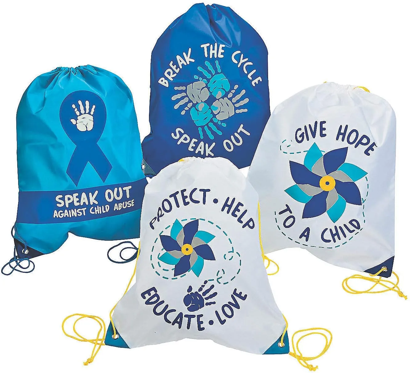Fun Express - Large Nylon Drawstring Bags - Child Abuse Awareness - 14" x 18" - 12 Pack - Totes & Novelty Backpacks - Apparel Accessories