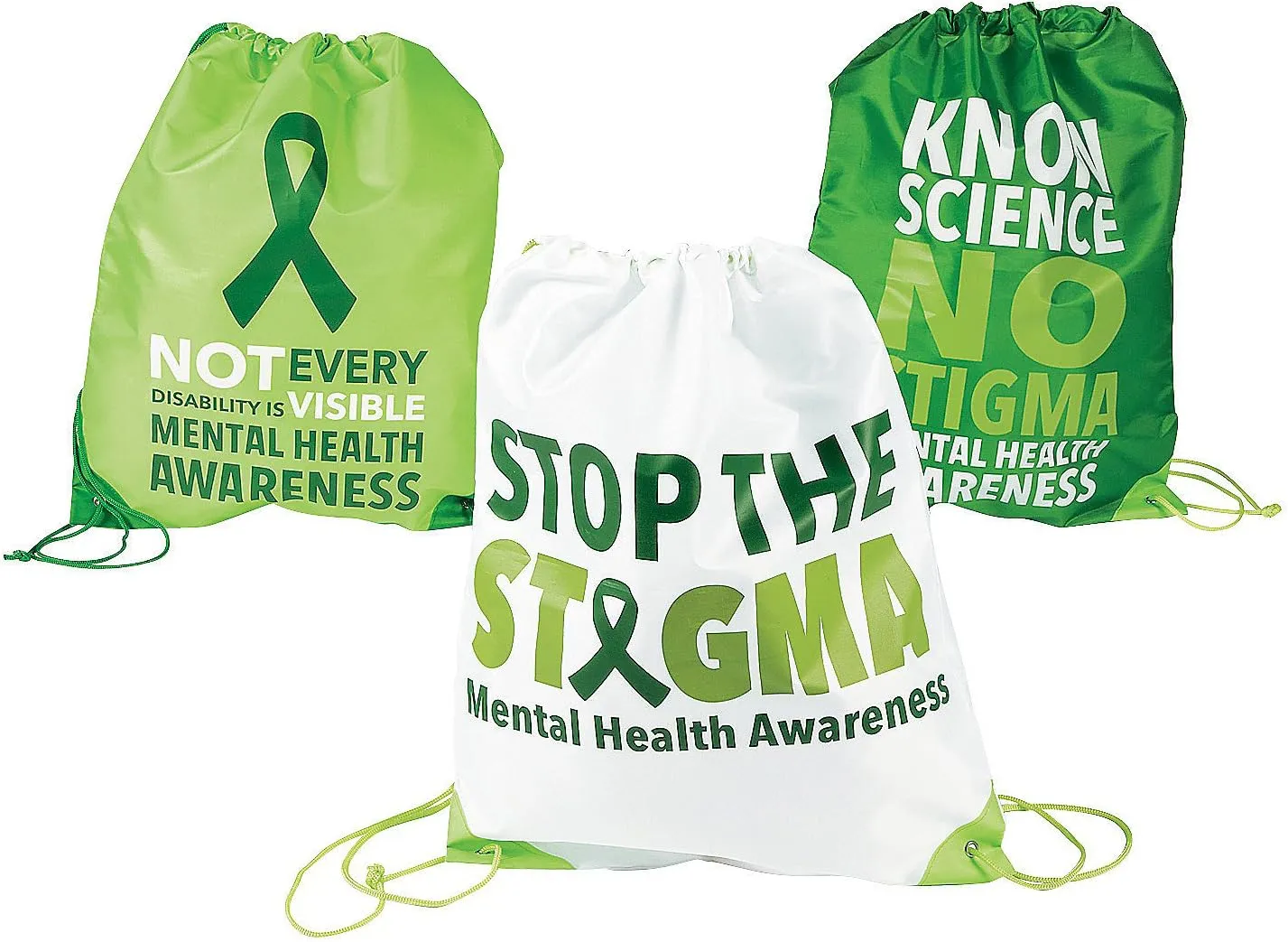 Fun Express Stop The Stigma Mental Health Drawstring Backpacks (Set of 12) Green