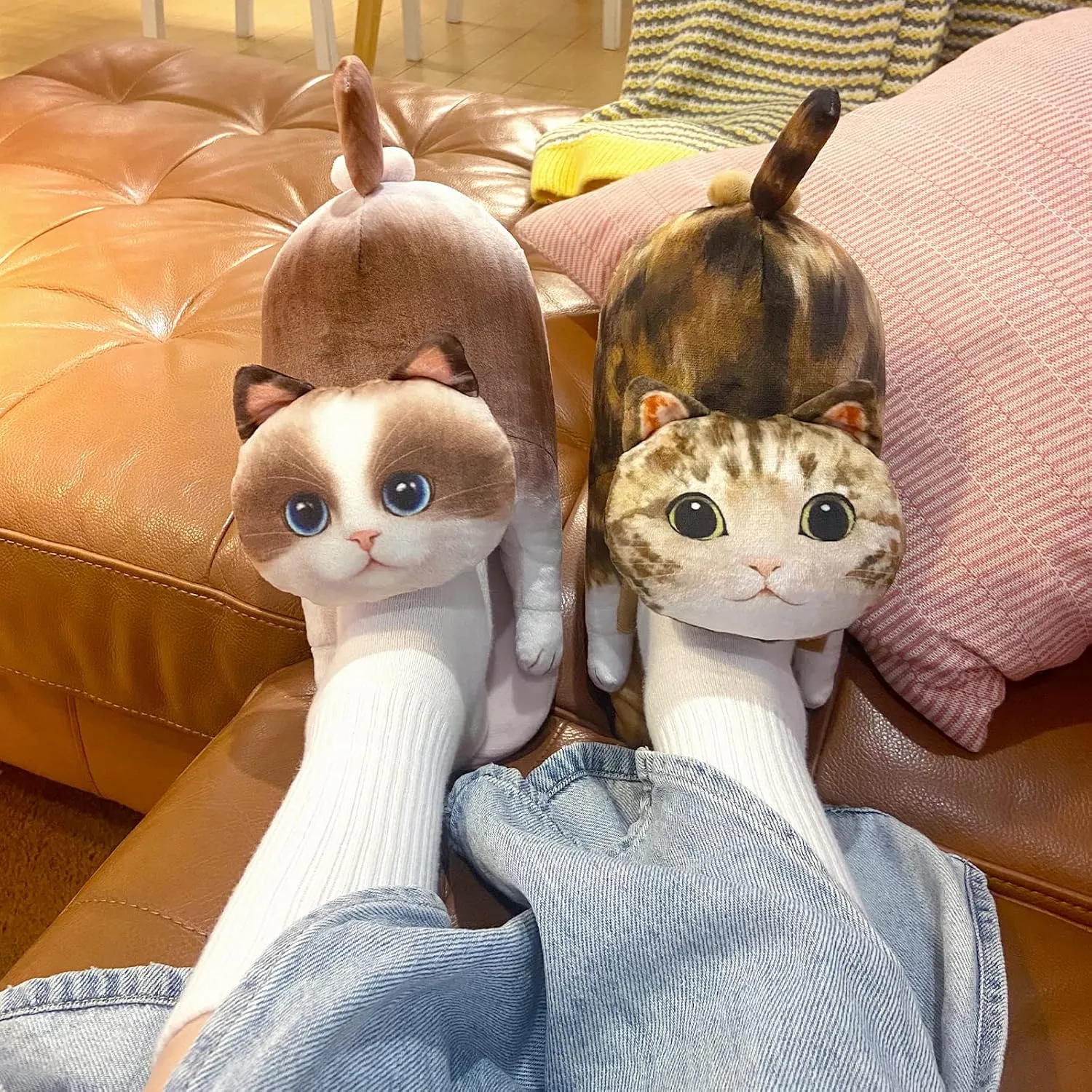 Funny Fuzzy Cat Slippers for Women - Fluffy House Shoes, Cute Animal Slippers for Indoor & Outdoor, Soft Non-Slip, Cat Gifts for Lovers, Christmas Gifts for Girls/Mom/Men