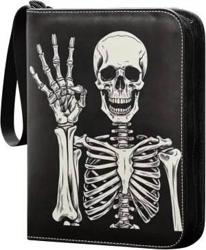 Funny Skeleton Card Binder 4 Pocket Collectible Trading Card Albums with 50 Sleeves Double Side PU Waterproof 3 Ring for Sports & Game Cards