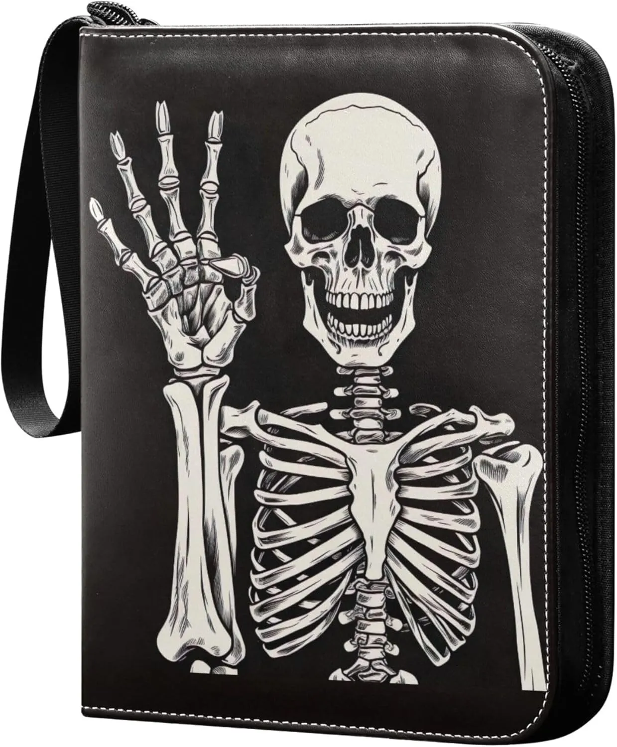 Funny Skeleton Card Binder 4 Pocket Collectible Trading Card Albums with 50 Sleeves Double Side PU Waterproof 3 Ring for Sports & Game Cards