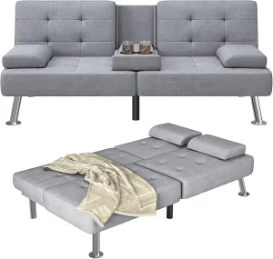 Furmax Futon Sofa Bed Adjustable Futon Couch Sleeper Sofa Bed for Living Room, Business Office, Recliner Sofa with Cup Holders (Fabric, Light Gray)