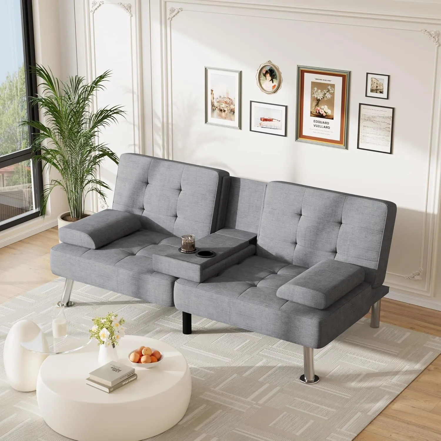 Furmax Futon Sofa Bed Adjustable Futon Couch Sleeper Sofa Bed for Living Room, Business Office, Recliner Sofa with Cup Holders (Fabric, Light Gray)