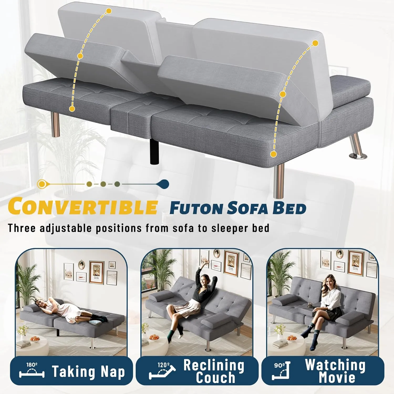 Furmax Futon Sofa Bed Adjustable Futon Couch Sleeper Sofa Bed for Living Room, Business Office, Recliner Sofa with Cup Holders (Fabric, Light Gray)
