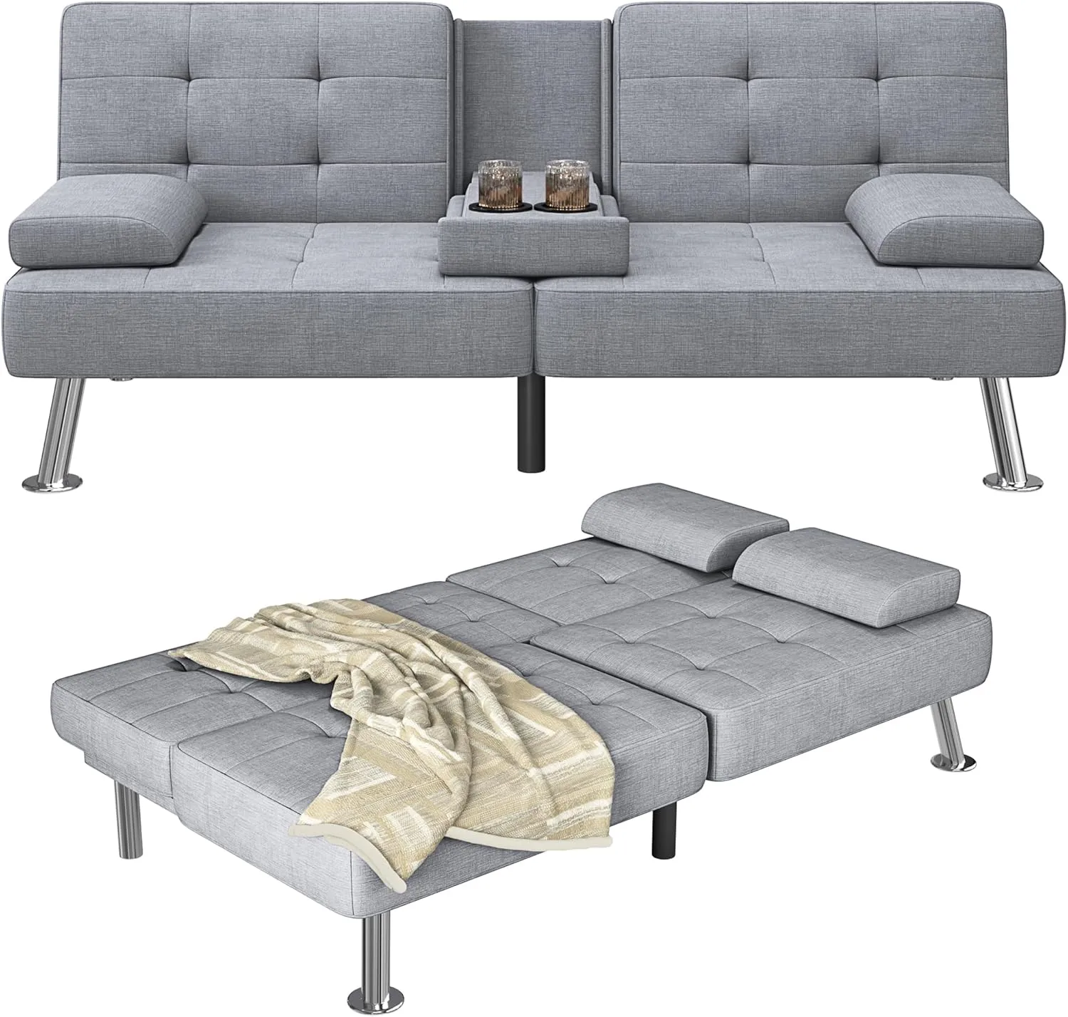 Furmax Futon Sofa Bed Adjustable Futon Couch Sleeper Sofa Bed for Living Room, Business Office, Recliner Sofa with Cup Holders (Fabric, Light Gray)