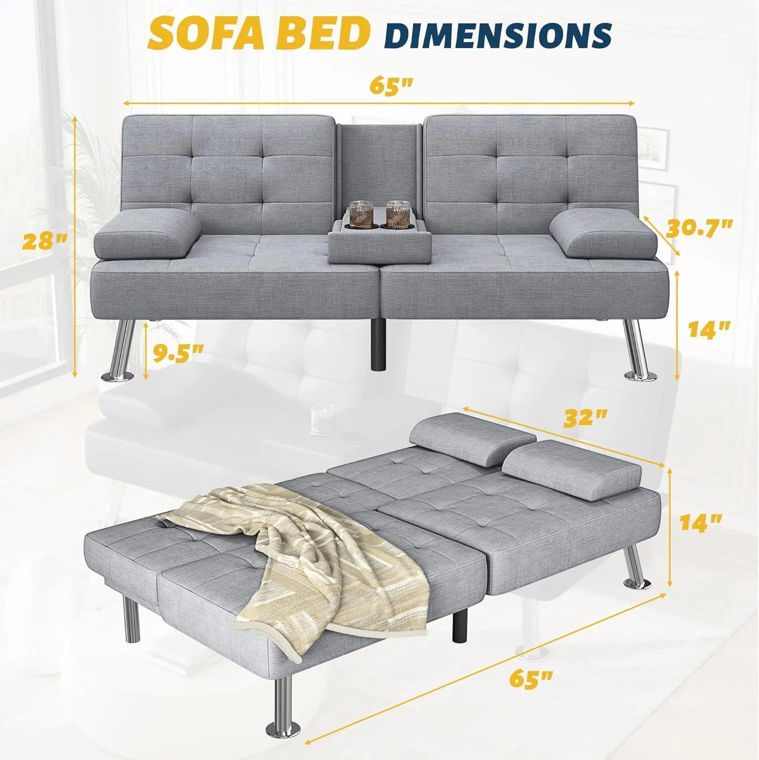 Furmax Futon Sofa Bed Adjustable Futon Couch Sleeper Sofa Bed for Living Room, Business Office, Recliner Sofa with Cup Holders (Fabric, Light Gray)