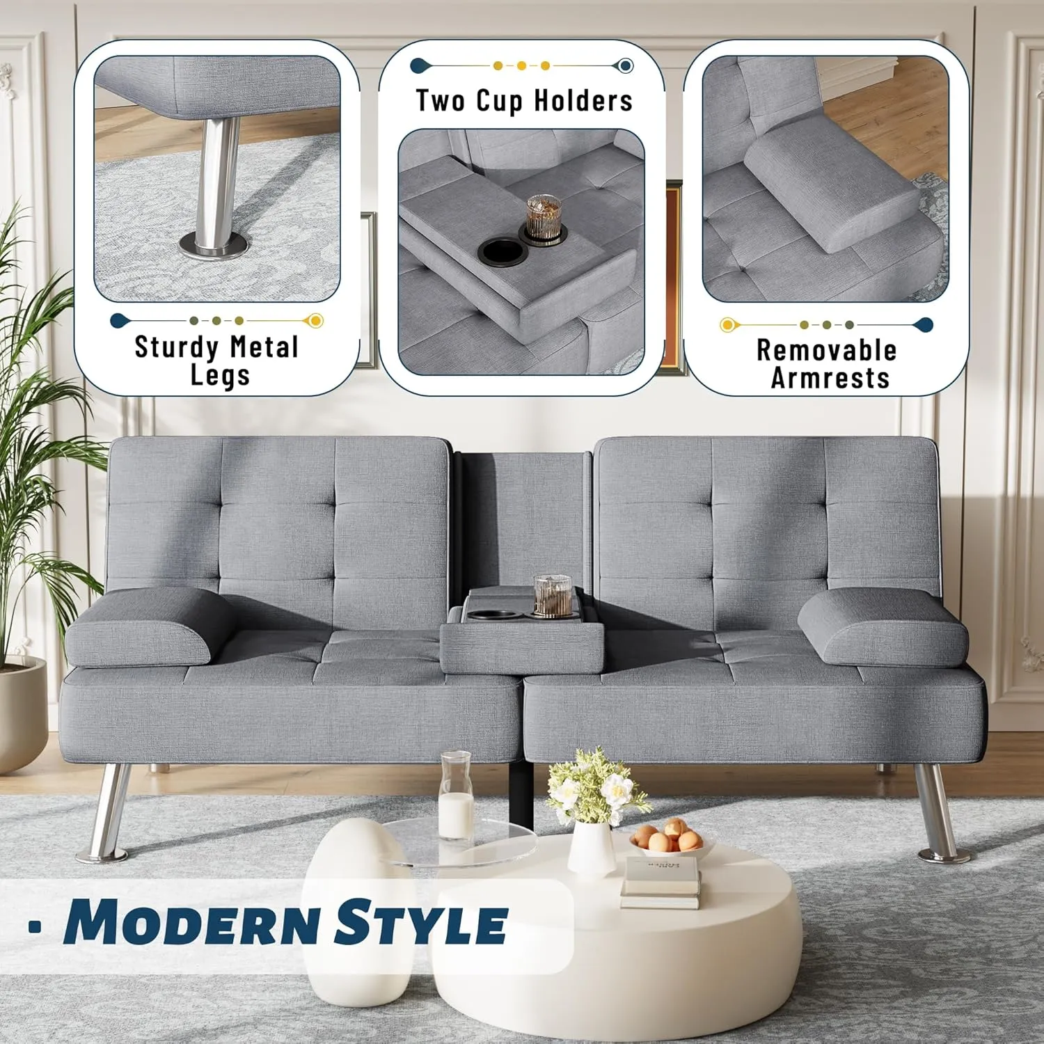 Furmax Futon Sofa Bed Adjustable Futon Couch Sleeper Sofa Bed for Living Room, Business Office, Recliner Sofa with Cup Holders (Fabric, Light Gray)