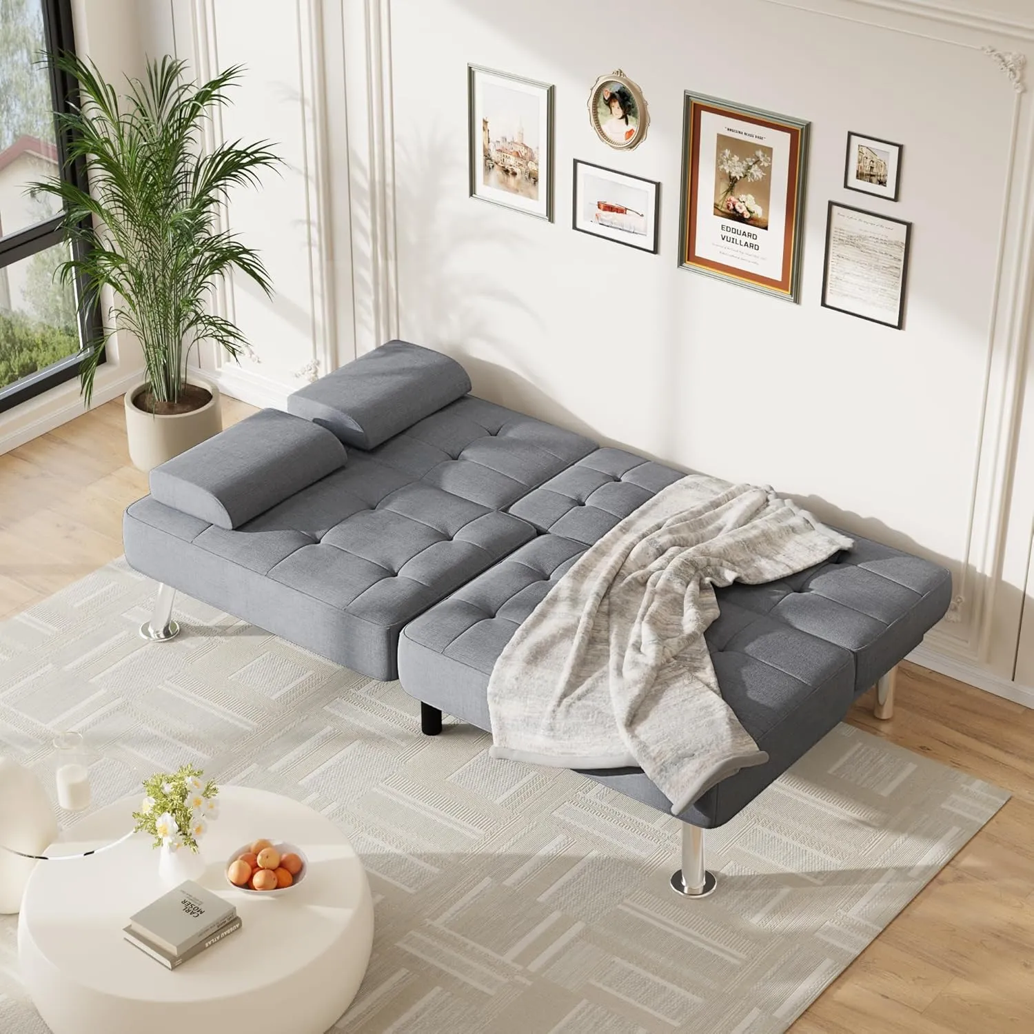Furmax Futon Sofa Bed Adjustable Futon Couch Sleeper Sofa Bed for Living Room, Business Office, Recliner Sofa with Cup Holders (Fabric, Light Gray)