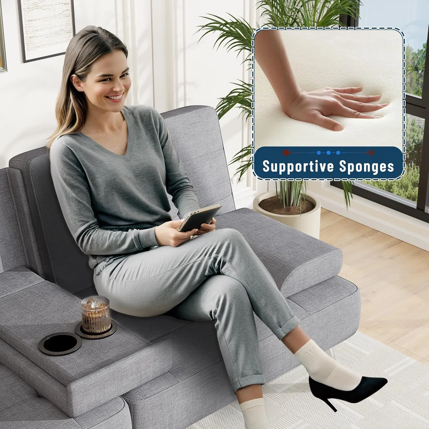 Furmax Futon Sofa Bed Adjustable Futon Couch Sleeper Sofa Bed for Living Room, Business Office, Recliner Sofa with Cup Holders (Fabric, Light Gray)