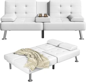 Furmax Futon Sofa Bed Adjustable Futon Couch Sleeper Sofa Bed for Living Room, Business Office, Recliner Sofa with Cup Holders (PU Leather, White)