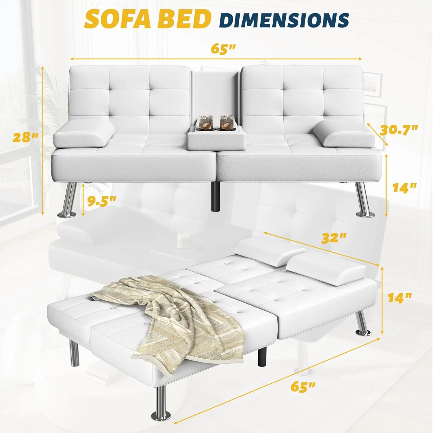 Furmax Futon Sofa Bed Adjustable Futon Couch Sleeper Sofa Bed for Living Room, Business Office, Recliner Sofa with Cup Holders (PU Leather, White)