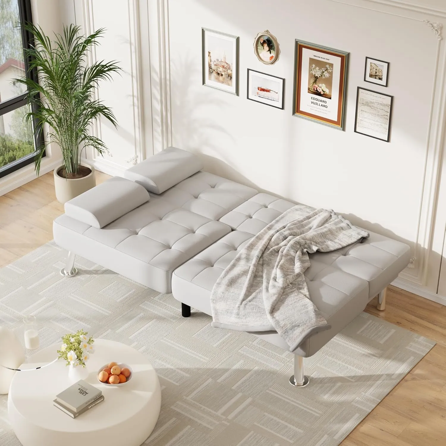 Furmax Futon Sofa Bed Adjustable Futon Couch Sleeper Sofa Bed for Living Room, Business Office, Recliner Sofa with Cup Holders (PU Leather, White)