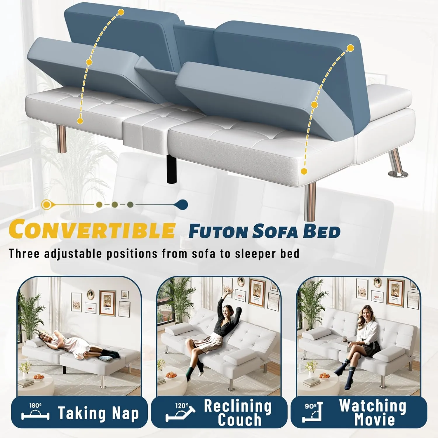 Furmax Futon Sofa Bed Adjustable Futon Couch Sleeper Sofa Bed for Living Room, Business Office, Recliner Sofa with Cup Holders (PU Leather, White)