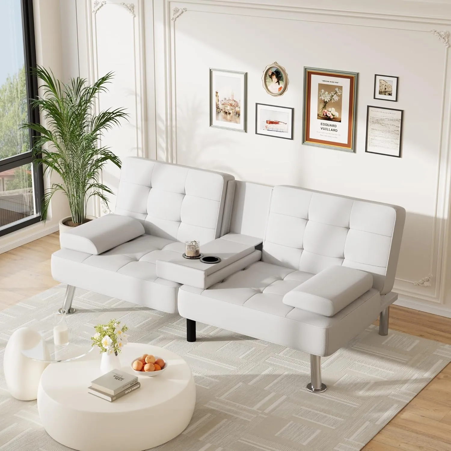Furmax Futon Sofa Bed Adjustable Futon Couch Sleeper Sofa Bed for Living Room, Business Office, Recliner Sofa with Cup Holders (PU Leather, White)