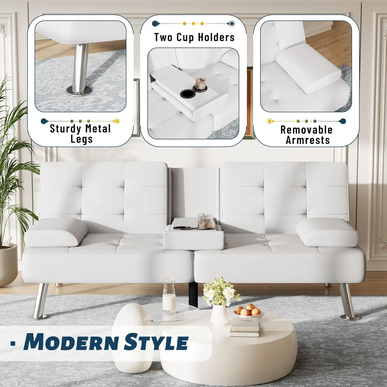 Furmax Futon Sofa Bed Adjustable Futon Couch Sleeper Sofa Bed for Living Room, Business Office, Recliner Sofa with Cup Holders (PU Leather, White)