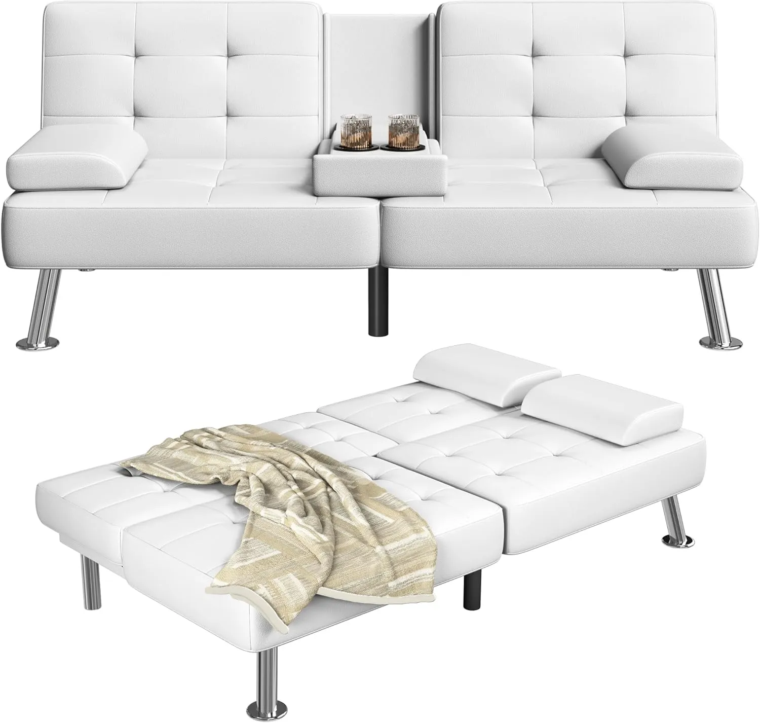 Furmax Futon Sofa Bed Adjustable Futon Couch Sleeper Sofa Bed for Living Room, Business Office, Recliner Sofa with Cup Holders (PU Leather, White)