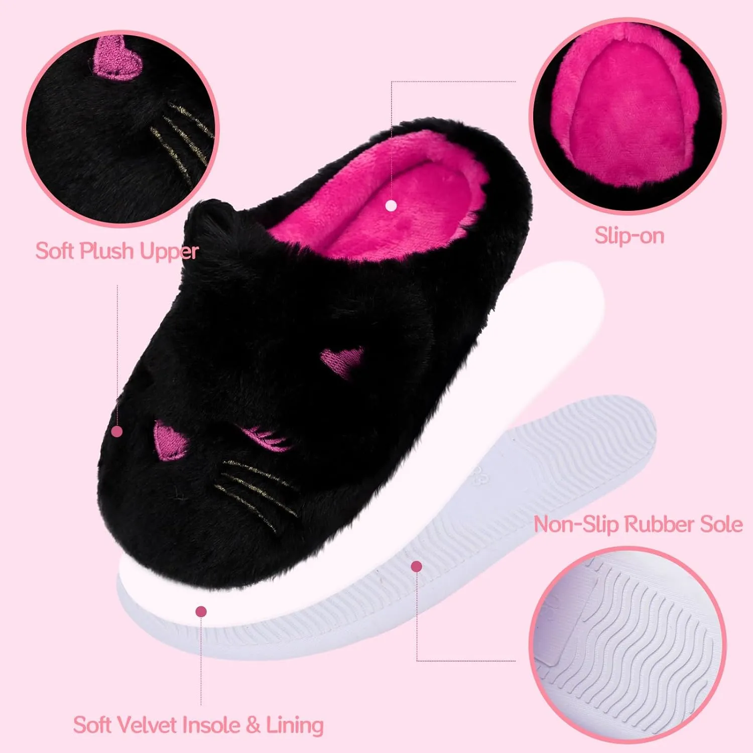 Fuzzy Cat Slippers for Girls, Funny Animal House Shoes with Soft Memory Foam, Comfy Plush Warm Slip-on Slippers