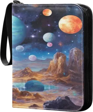 Galaxy Planets Card Binder 4 Pocket Collectible Trading Card Albums with 50 Sleeves Double Side PU Waterproof 3 Ring for Sports & Game Cards