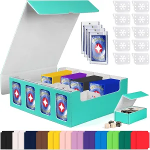 GEAoffice Card Storage Box with Commander Display for 3200  Trading Cards, 4-Row Deck Case with Magnetic Removable Lid for MTG/TCG/Sports/Games, 10 Stoppers, 24 Dividers, 1 Dice Tray, Turquoise White