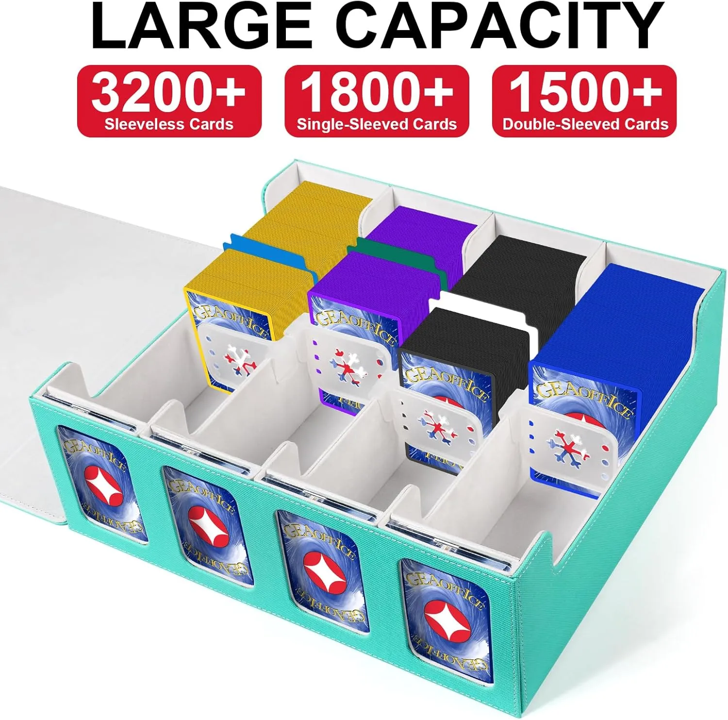 GEAoffice Card Storage Box with Commander Display for 3200  Trading Cards, 4-Row Deck Case with Magnetic Removable Lid for MTG/TCG/Sports/Games, 10 Stoppers, 24 Dividers, 1 Dice Tray, Turquoise White