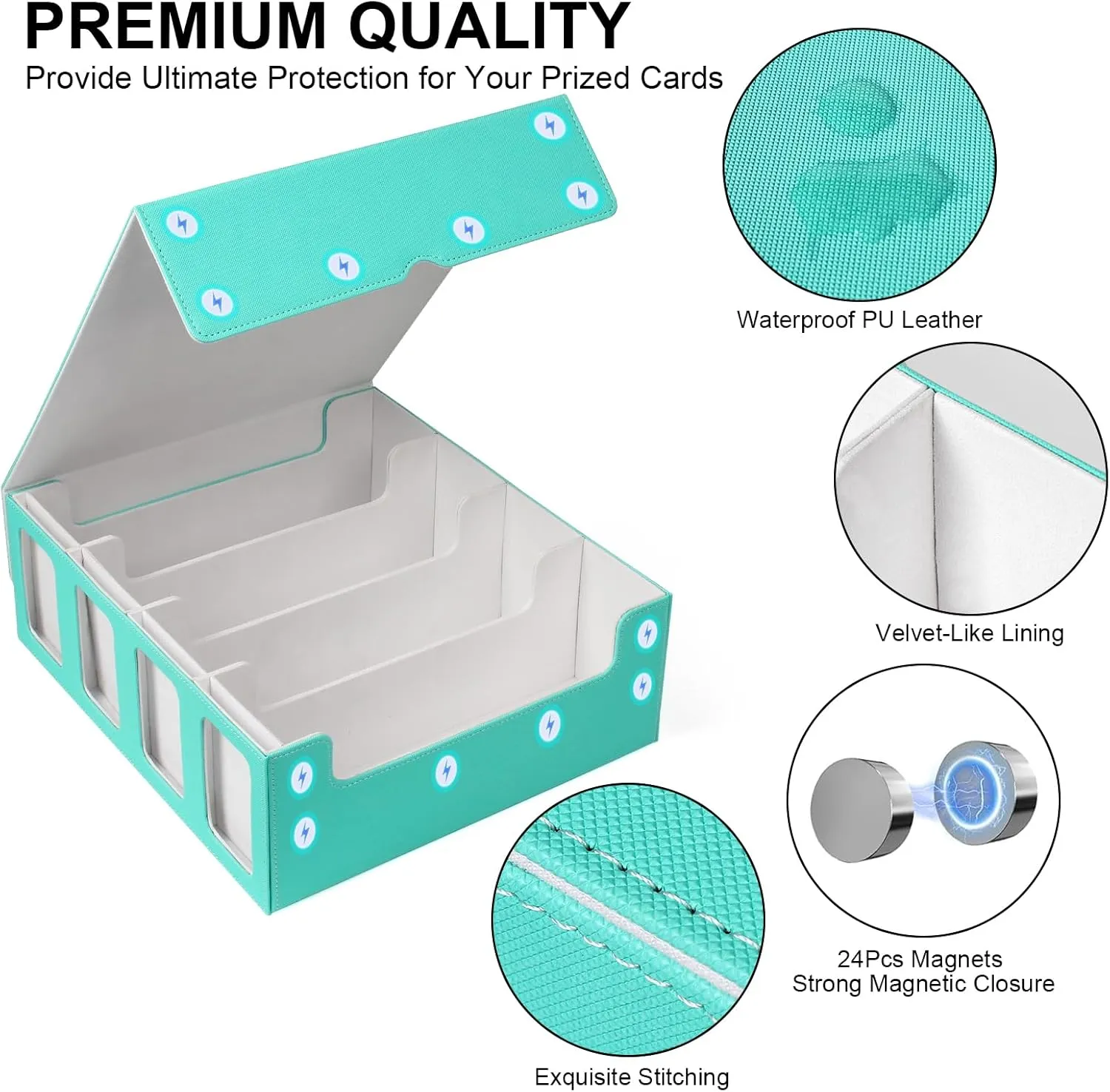 GEAoffice Card Storage Box with Commander Display for 3200  Trading Cards, 4-Row Deck Case with Magnetic Removable Lid for MTG/TCG/Sports/Games, 10 Stoppers, 24 Dividers, 1 Dice Tray, Turquoise White