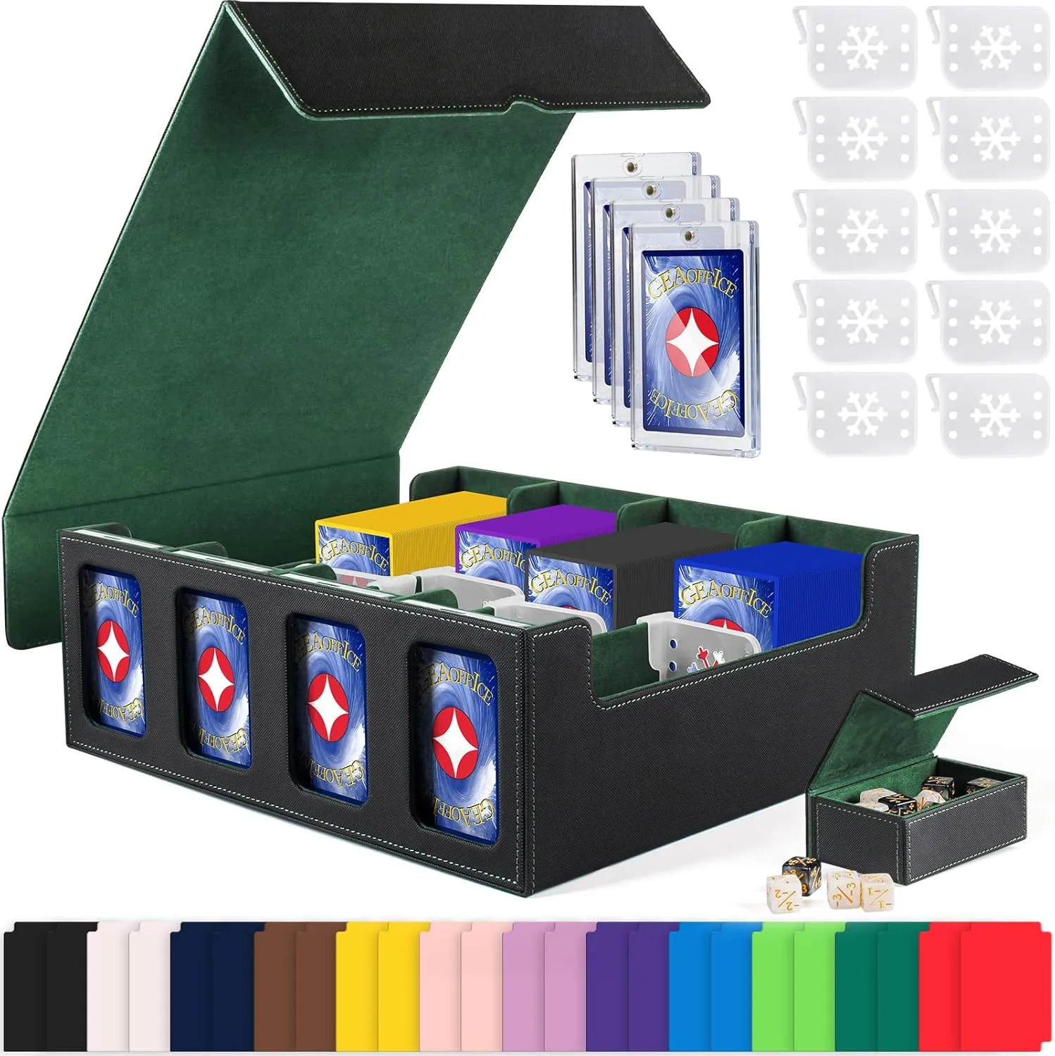 GEAoffice Trading Card Storage Box with Commander Display, 3200  Card Deck Case with Magnetic Removable Lid, 4-Row Deck Box for MTG/TCG/Sports/Games, 10 Stoppers, 24 Dividers, 1 Dice Tray, Black Green