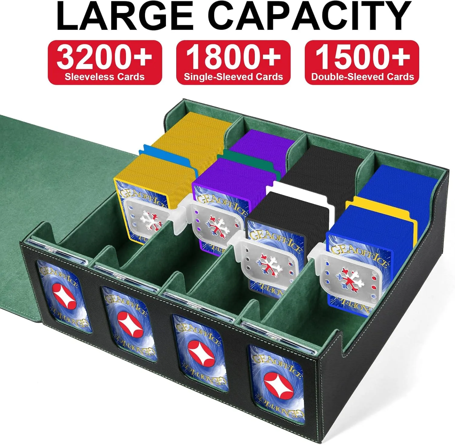 GEAoffice Trading Card Storage Box with Commander Display, 3200  Card Deck Case with Magnetic Removable Lid, 4-Row Deck Box for MTG/TCG/Sports/Games, 10 Stoppers, 24 Dividers, 1 Dice Tray, Black Green