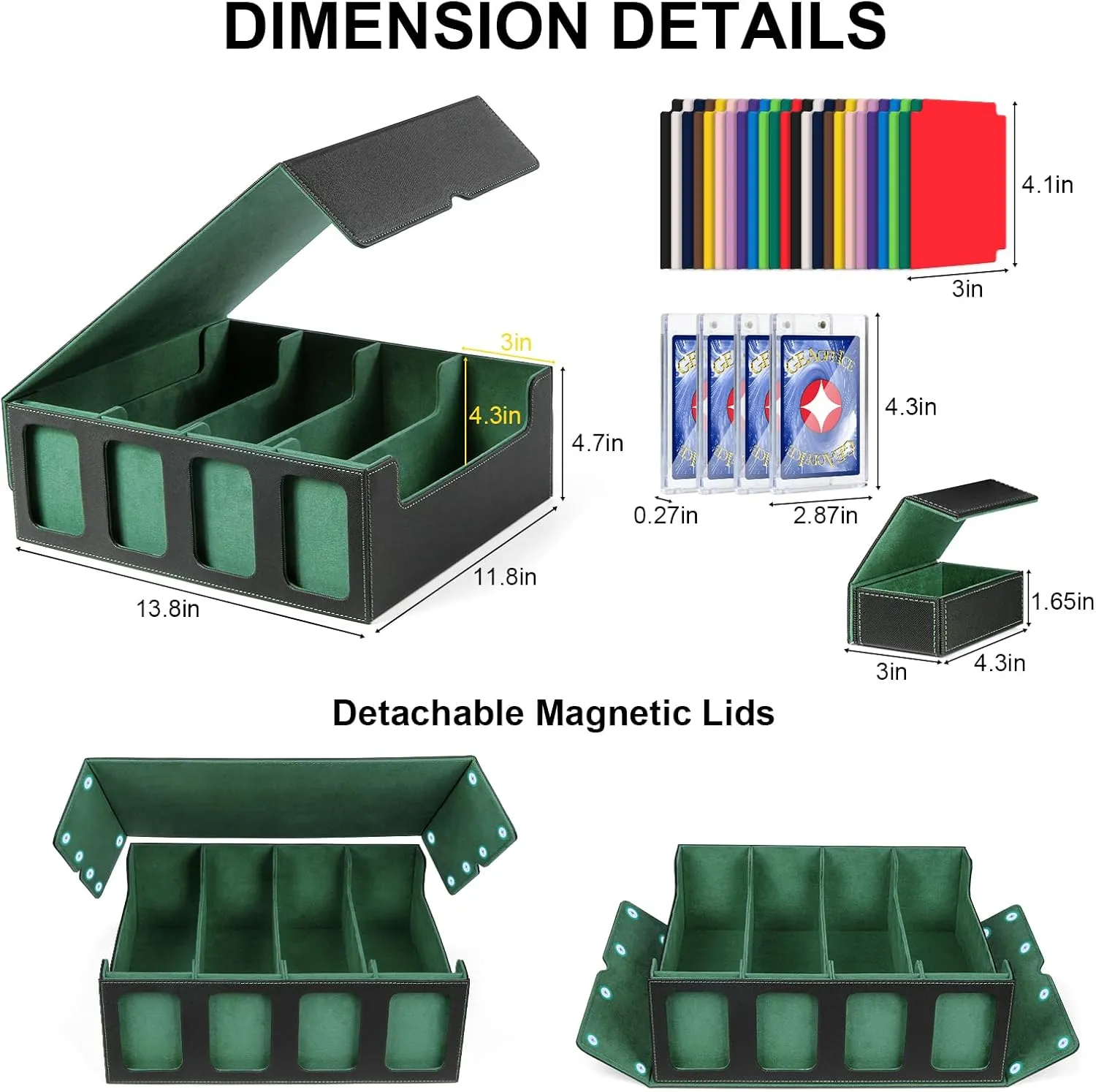 GEAoffice Trading Card Storage Box with Commander Display, 3200  Card Deck Case with Magnetic Removable Lid, 4-Row Deck Box for MTG/TCG/Sports/Games, 10 Stoppers, 24 Dividers, 1 Dice Tray, Black Green
