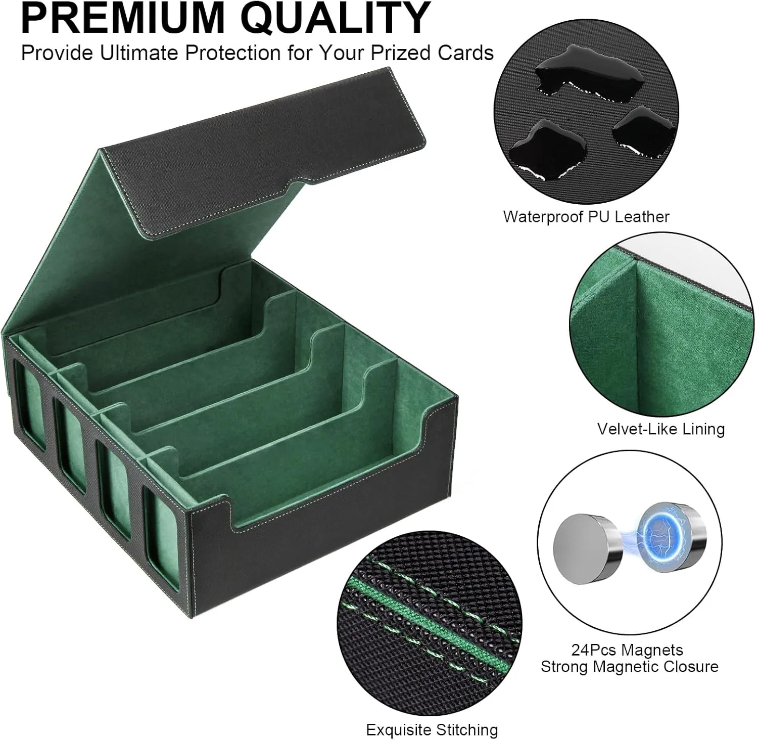 GEAoffice Trading Card Storage Box with Commander Display, 3200  Card Deck Case with Magnetic Removable Lid, 4-Row Deck Box for MTG/TCG/Sports/Games, 10 Stoppers, 24 Dividers, 1 Dice Tray, Black Green