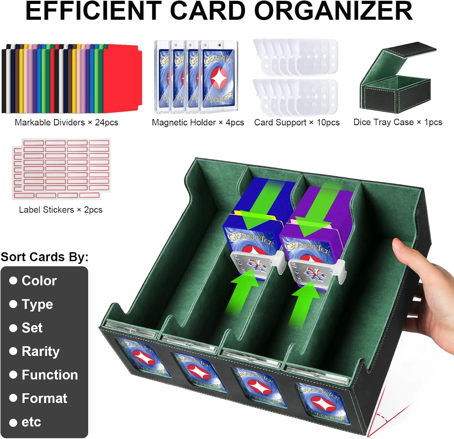 GEAoffice Trading Card Storage Box with Commander Display, 3200  Card Deck Case with Magnetic Removable Lid, 4-Row Deck Box for MTG/TCG/Sports/Games, 10 Stoppers, 24 Dividers, 1 Dice Tray, Black Green