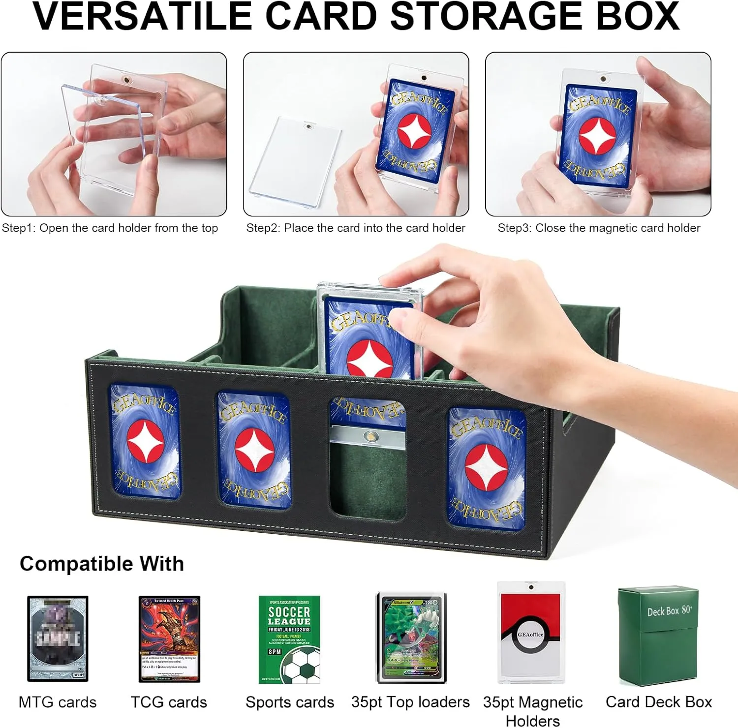 GEAoffice Trading Card Storage Box with Commander Display, 3200  Card Deck Case with Magnetic Removable Lid, 4-Row Deck Box for MTG/TCG/Sports/Games, 10 Stoppers, 24 Dividers, 1 Dice Tray, Black Green