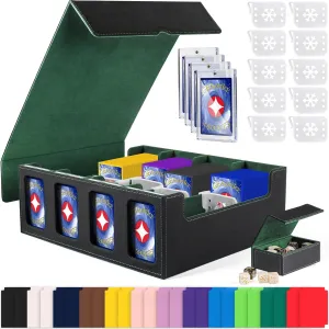 GEAoffice Trading Card Storage Box with Commander Display, 3200  Card Deck Case with Magnetic Removable Lid, 4-Row Deck Box for MTG/TCG/Sports/Games, 10 Stoppers, 24 Dividers, 1 Dice Tray, Black Green