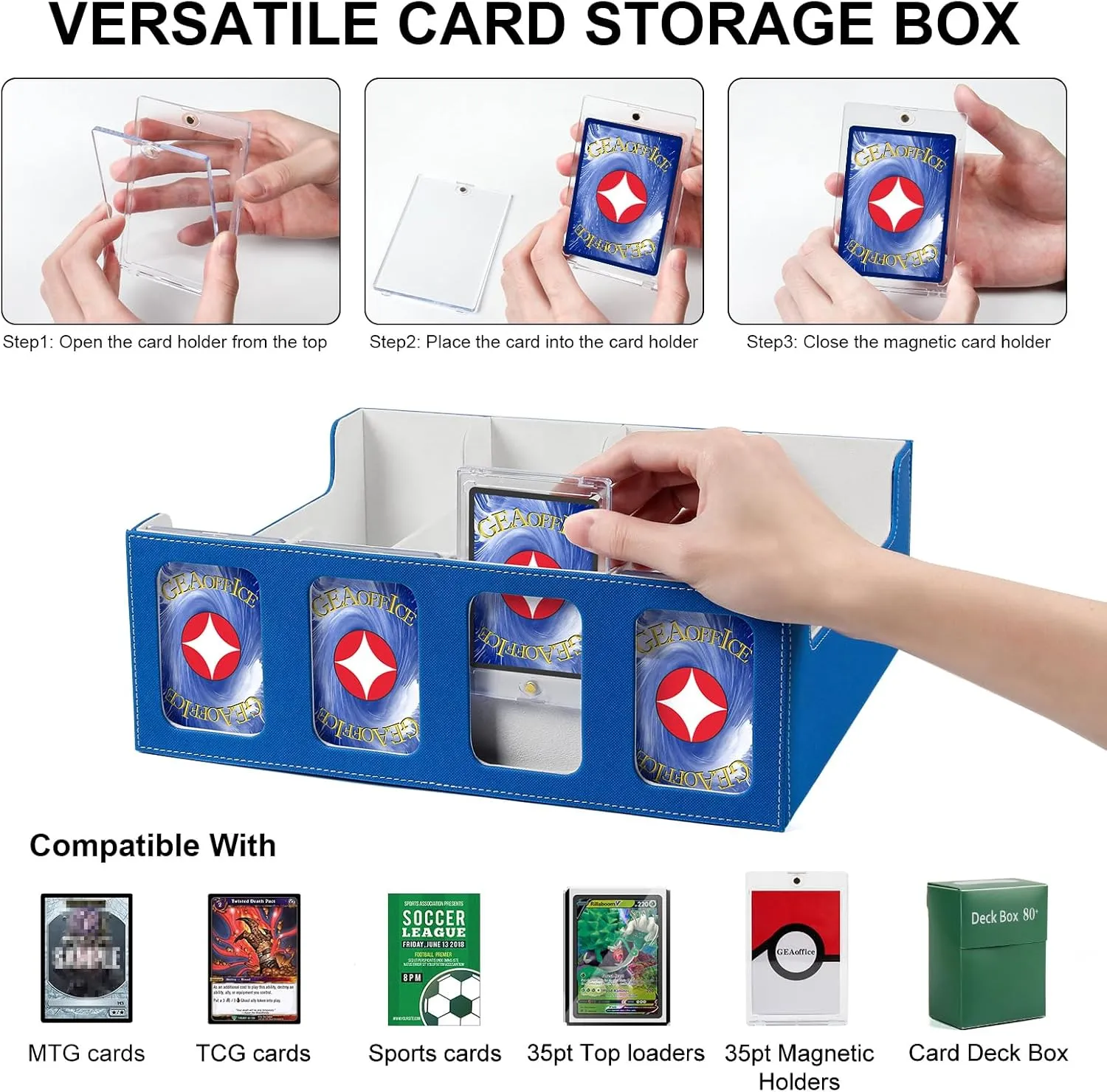 GEAoffice Trading Card Storage Box with Commander Display, 3200  Card Deck Case with Magnetic Removable Lid, 4-Row Deck Box for MTG/TCG/Sports/Games, 10 Stoppers, 24 Dividers, 1 Dice Tray, Blue White
