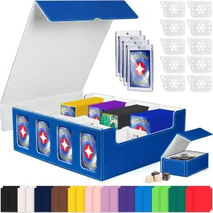 GEAoffice Trading Card Storage Box with Commander Display, 3200  Card Deck Case with Magnetic Removable Lid, 4-Row Deck Box for MTG/TCG/Sports/Games, 10 Stoppers, 24 Dividers, 1 Dice Tray, Blue White