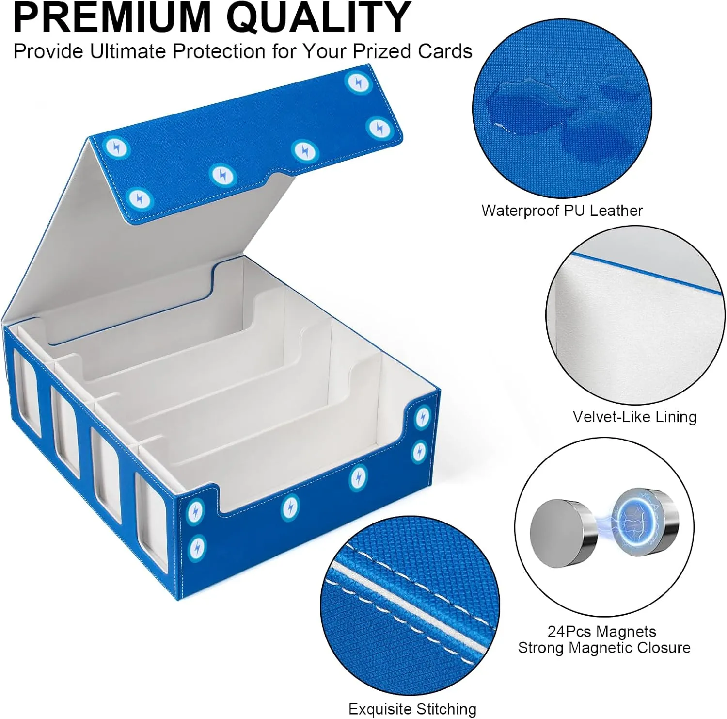 GEAoffice Trading Card Storage Box with Commander Display, 3200  Card Deck Case with Magnetic Removable Lid, 4-Row Deck Box for MTG/TCG/Sports/Games, 10 Stoppers, 24 Dividers, 1 Dice Tray, Blue White