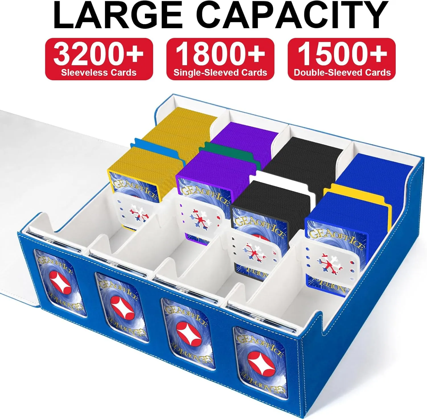GEAoffice Trading Card Storage Box with Commander Display, 3200  Card Deck Case with Magnetic Removable Lid, 4-Row Deck Box for MTG/TCG/Sports/Games, 10 Stoppers, 24 Dividers, 1 Dice Tray, Blue White