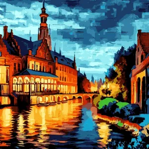 Generic Bruges Canal, Belgium at Night (2) - Van-Go Paint-by-Number Kit 40x40cm DIY Frame